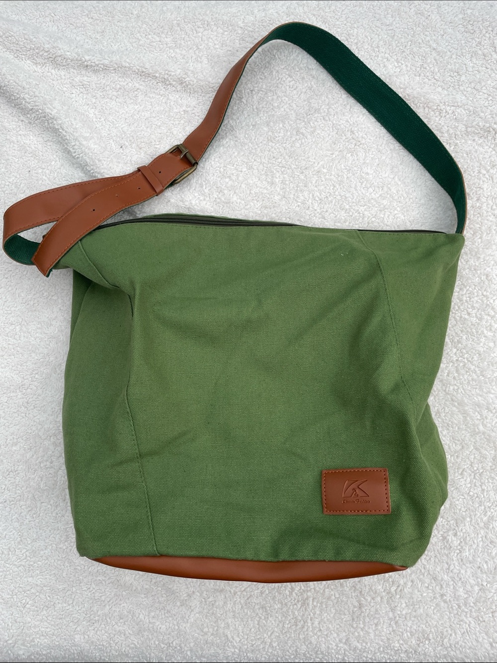 K2 Classic Olive Green Canvas Messenger Bag with Brown Leather Trim